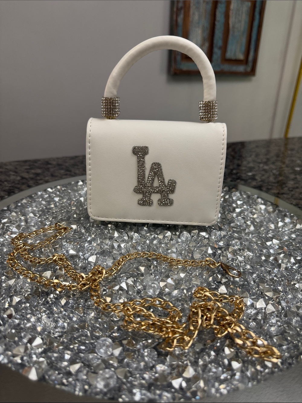 Mini White Top-Handle Bag with Rhinestone LA Accent